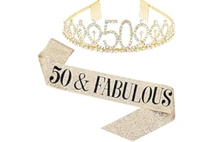 Flunyina 50 Fabulous 50th Birthday Set for Women Gold Gillter Tiara Birthday Sash and Glitter Gold Crown Brithday Gift