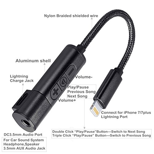 TELE-T 2 in 1 AUX Headphone Jack and Charge Adapter Lightning Audio Splitter 3.3FT 3.5mm Cable Compatible iOS 11 for iPhone 7 7Plus with Volume+/-Control, Does Not Support Calls - Black