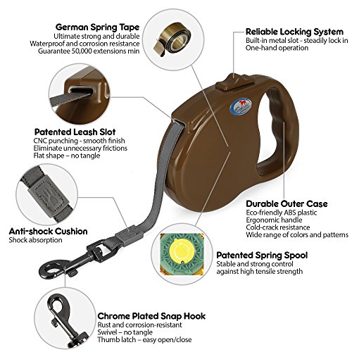 DOGNESS Retractable Dog Leash, the Modern Series, One Button Locking System, Suitable For Kids, No Tangle Waterproof Ribbon Tape, for Small Medium Large Dogs, Brown 16 ft - Thumbnail 2