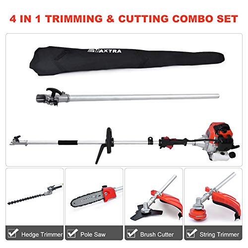 Maxtra 42.7cc Gas Pole Tree Trimming Combo Set 4 in 1 Cordless Gas Pole Chainsaw Hedge Trimmer Grass Brush Cutter with Extension Reach to 13ft with Portable Bag (Best 4 In 1 Hedge Trimmer)