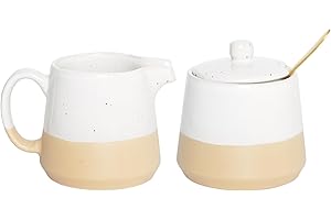Bosmarlin Ceramic Sugar and Creamer Set, Sugar Bowl with Lid and Spoon, 3 Piece Set with Cream Pitcher, White Coffee Serving Set (White)