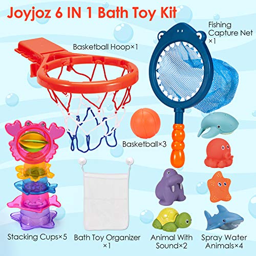 Joyjoz Bath Toys Basketball Hoop & Balls, Bathtub Toys Set with Fishing Net, 3 Basketballs, 6 Marine Animals, 5 Stacking Cups, Storage Bag for Kids & Toddlers Gift