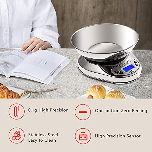 Hochioce Digital Food Kitchen Scales, Multifunction Kitchen Scales, Removalble Bowl for Cooking and Baking,0.1g High Precision Scales, LCD Display,Stainless Steel-Silver