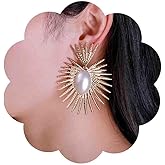 Iaceble Boho Metal Sunburst Dangle Earrings Large Pearl Drop Earrings Exaggerated Heart Stud Earrings Gold Statement Earrings Jewelry for Women