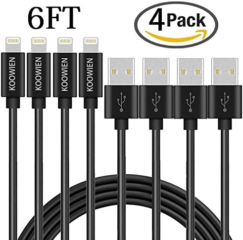 iPhone Charger, KOOWIEN 4Pack 6ft Extra Long 8Pin Lightning Cable USB Syncing and Charging Cord for iphone 7/7 Plus,se, 6s, 6s plus, 6plus, 6,5s 5c 5,iPad Mini, Air,iPad5,iPod. (Black)
