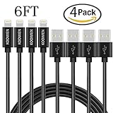 iPhone Charger, KOOWIEN 4Pack 6ft Extra Long 8Pin Lightning Cable USB Syncing and Charging Cord for iphone 7/7 Plus,se, 6s, 6s plus, 6plus, 6,5s 5c 5,iPad Mini, Air,iPad5,iPod. (Black)