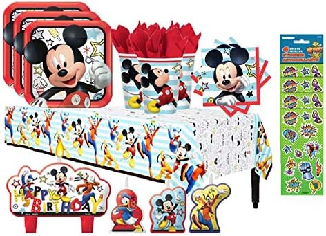 Mickey Mouse On The Go Birthday Party Supply Bundle for 16 with Plates, Napkins, Cups, Tablecover, Candles, and Stickers