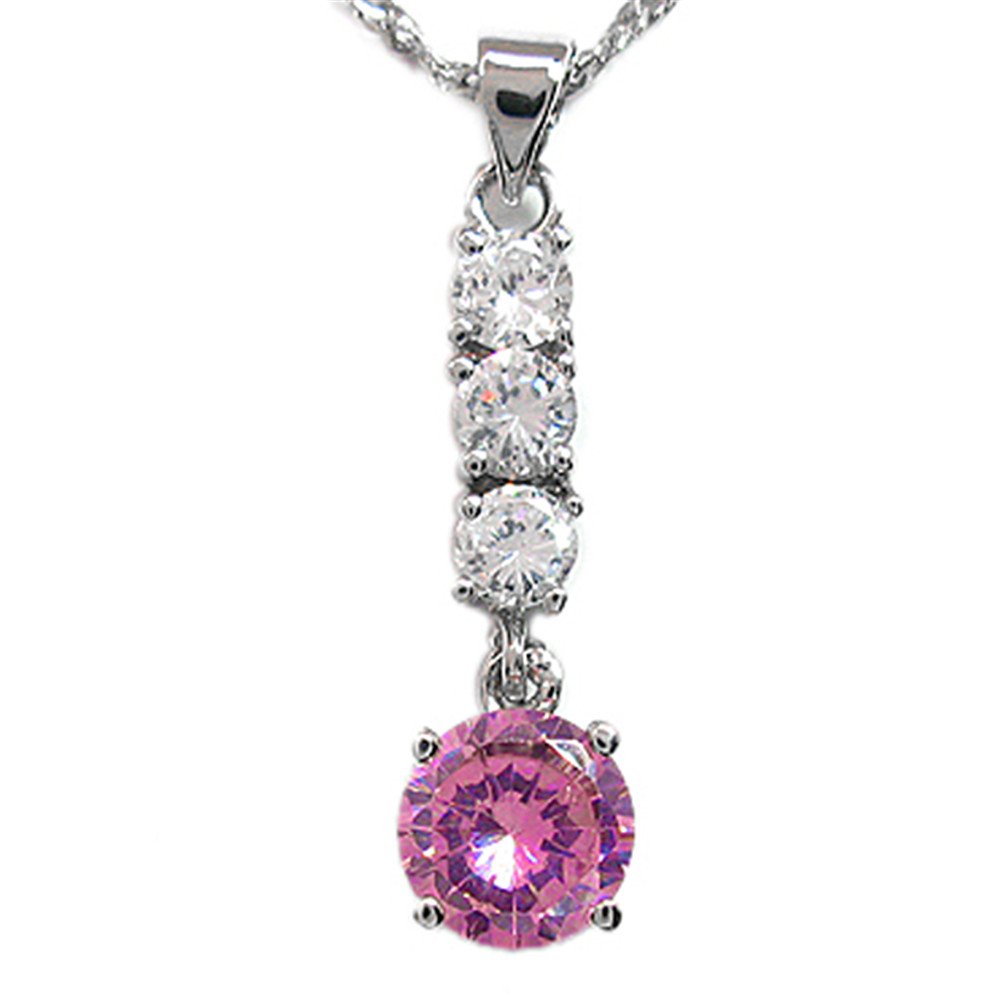 RIZILIA Pendant with 45cm(18") Chain & Round Cut Gemstones CZ [Pink Sapphire] in 18K White Gold Plated, Simple Modern Elegance