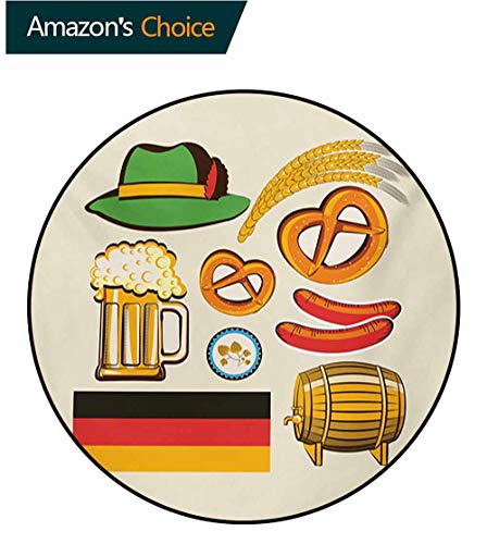 German Modern Machine Washable Round Bath Mat,Oktoberfest Symbols Wheat Sausage Beer and Pretzels Colorful Bavarian Arrangement Non-Slip Living Room Soft Floor Mat,Round-71 Inch