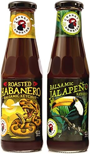 Cranky Rooster Original Small Batch Hot Chili Balsamic Vinegar Gourmet Ketchup, 2 Flavors: Roasted Habanero & Jalapeno