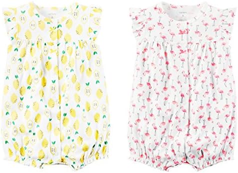 Carters Baby Girls 2 Pack Cotton Romper Creeper Set (6 Months, Yellow Lemon and Pink Flamingo)