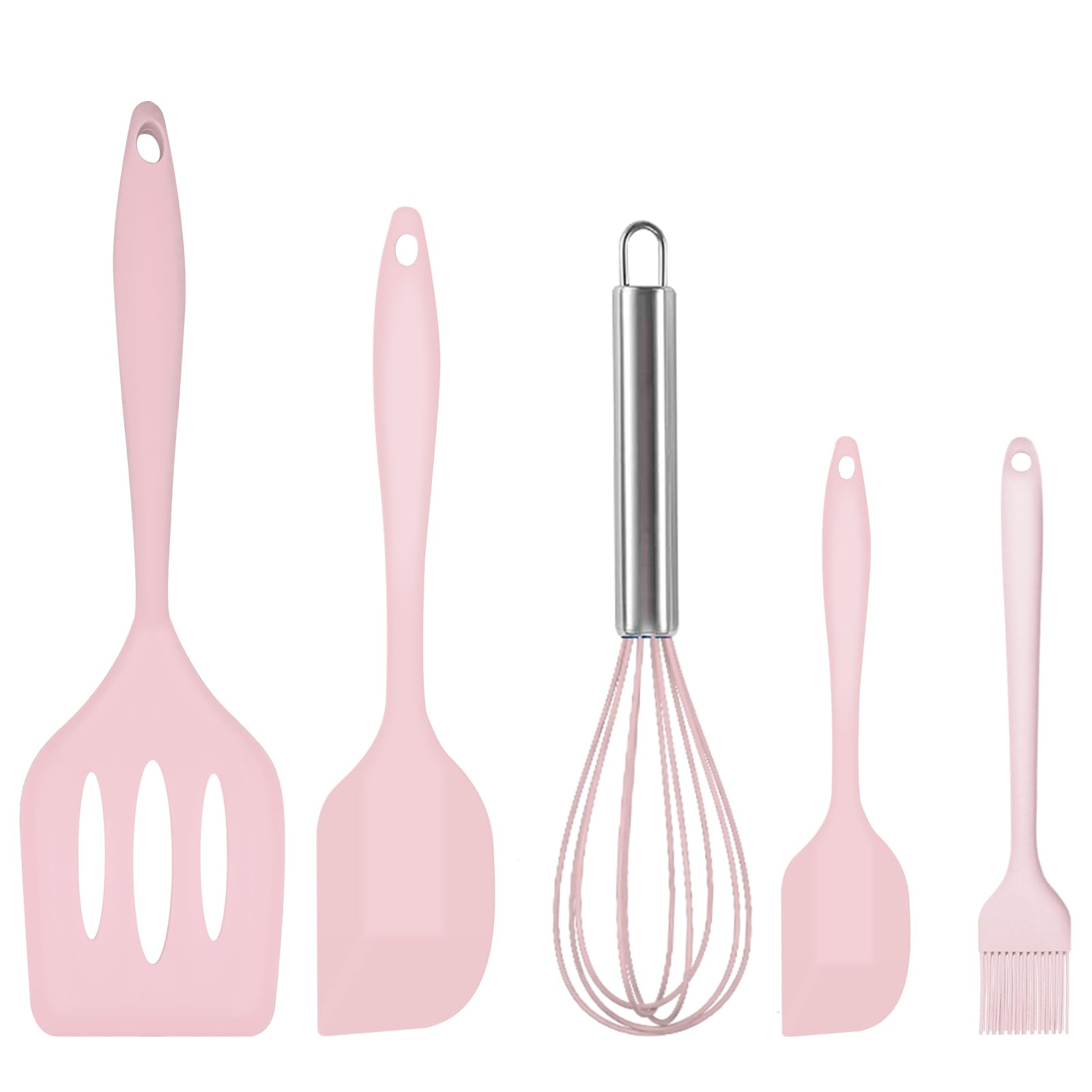 Silicone Spatula Set, 3 Pcs Heat-Resistant Spatula with Whisk & Brush, Non-Stick Rubber Kitchen Utensils Set for Cooking Baking & Mixing (Pink)