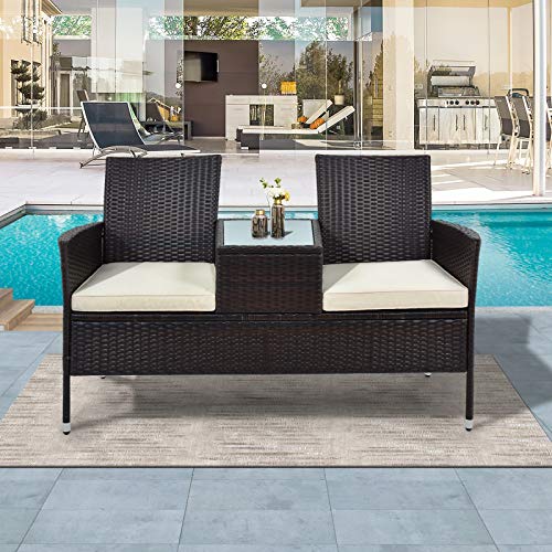 无 Mit Tisch 2 Sitzer Loveseat inkl. 5cm Auflagen, 3 mm mattschwarze elektrophoretische Sprühfarbe, Leichter Stahl…