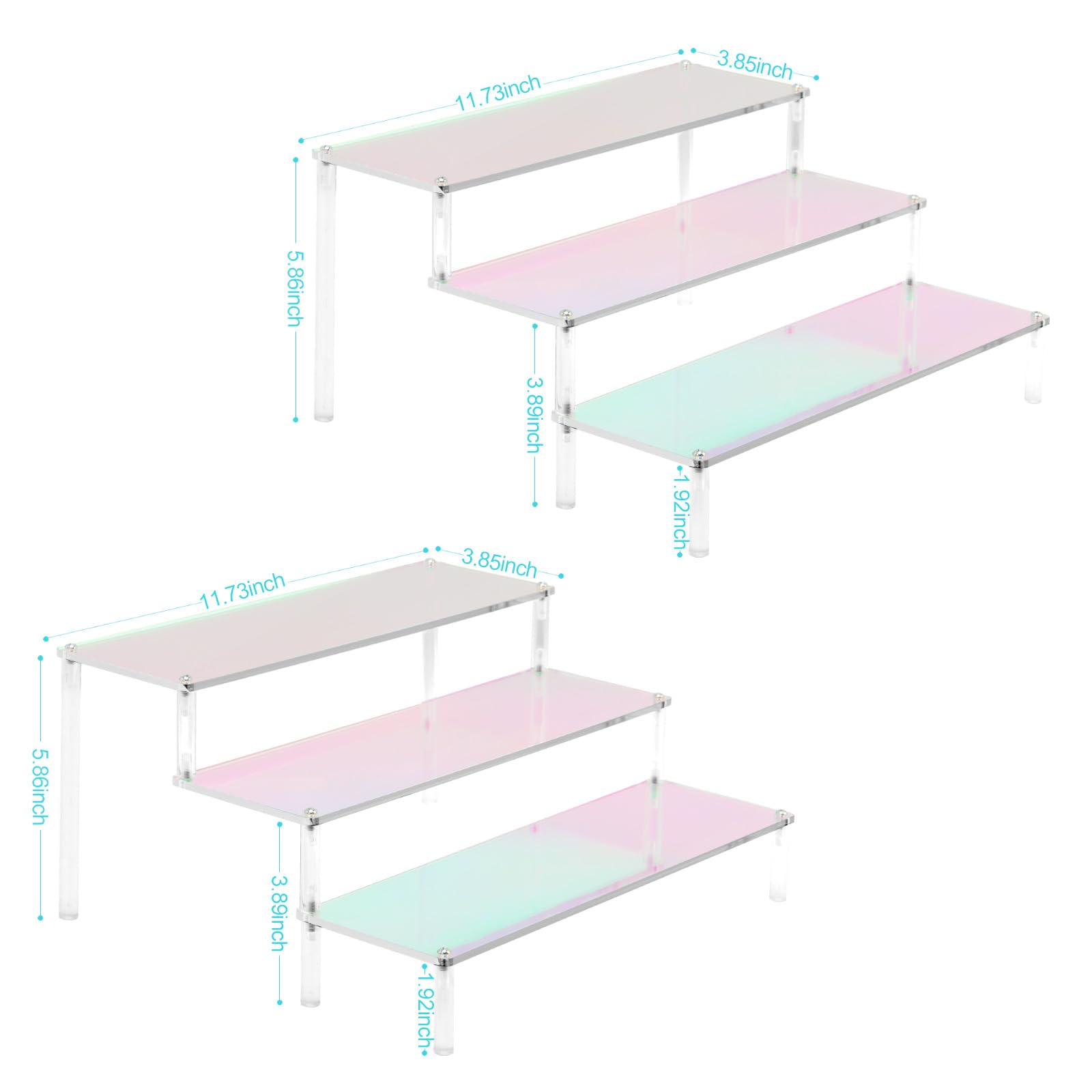 MESISEPHELE Acrylic Risers Display Stands, 2 Packs 3 Tier Rainbow Display Shelf for Cupcake Stand Perfume Organizer Anime Figures Collectibles Iridescent Display for Jewelry and Cosmetic
