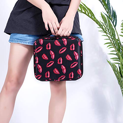 Goldwheat Portable Makeup Train Case Travel Cosmetic Bag Organizer with Removable Dividers Brush Holder Pocket for Makeup Artist-Red Lip Print