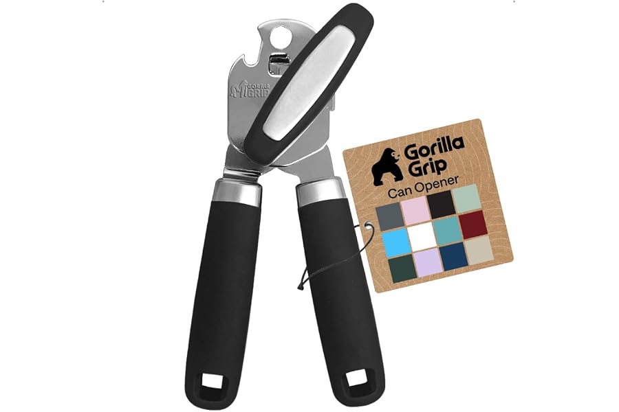 GORILLA GRIP Upgraded Model Stainless Steel Smooth Edge Manual Can Opener and Bottle Openers, US Designed, Comfortable Handle, Oversized Handheld Turn Knob, Multifunctional Kitchen Tool, Black