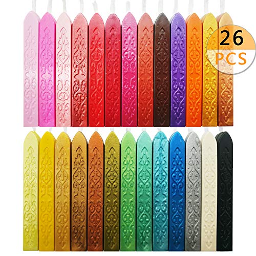 26 Pcs WaxÂ SealÂ Sticks, QMOEH Antique Sealing Wax Sticks with Wick for Postage Letter Retro Vintage Wax Seal Stamp, Assorted Colors