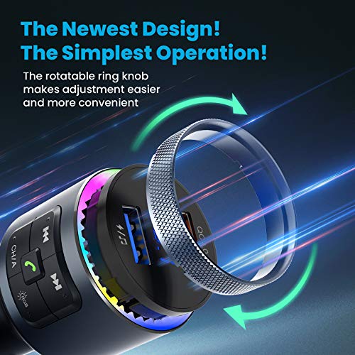 Upgraded Bluetooth FM Transmitter for Car, VT Auto-Tune Bluetooth Car Adapter, 2 Microphones & QC3.0 Bluetooth Radio for Car/Music Player/Car Kit with Big Knob Button, 9 Colors LED Backlit