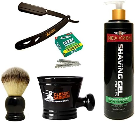 Classic Samurai Men's Shaving Set with CS-102 Matte Black Folding Straight Razor Shavette, 100 Derby Single Blades, Synthetic Shaving Brush, Shaving Gel 16oz. and Porcelain Mug
