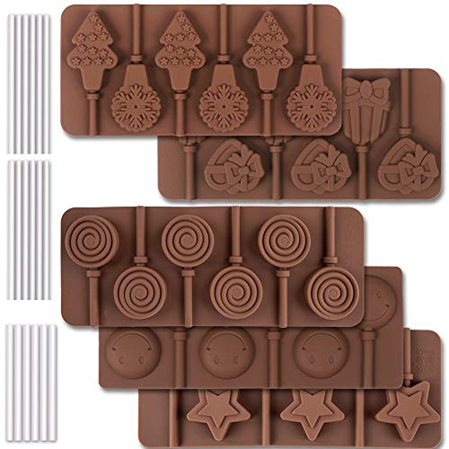 Cozihom 6 Cavity Silicone Lollipop Mold, Chocolate Mold, Typical Round, Stars & Hearts, Bowknots, Christmas, Smile Faces Shape, 5 PCS, and 130 PCS Lollipop Sticks.