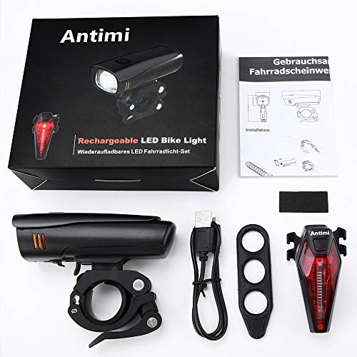Antimi Fahrradlicht Set Wiederaufladbare, LED Fahrradlichter Fahrradlampe Set Vorne Fahrradbeleuchtung Wasserdicht mit Frontlicht Rücklicht StVZO