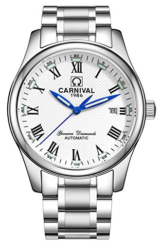 Men's Rome Numeral Calendar Automatic Mechanical Watch Tritium Super Bright Luminous Blue Light (White)