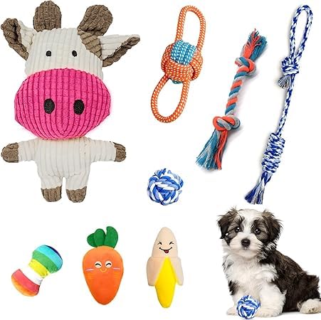 ZMDMAH Set of 8 Dog Toys Puppy Toys with Plush Rope Ball and Whistle Chew Toy and Interactive Games for Small Dog and Puppy