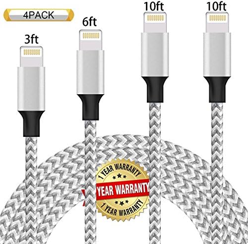 Ulimag Lightning Cable 4Pack 3FT 6FT 10FT 10FT Nylon Braided Certified iPhone Cable USB Cord Charging Charger for iPhone X, 8, 8 Plus, 7, 7 Plus, 6s, 6s Plus, 6, 6 Plus, SE, iPad - Grey White