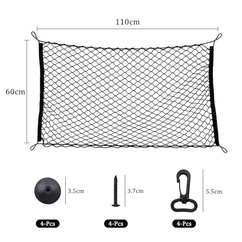 Car Boot Storage Net 110 x 60 cm – Extendable up to 220 x 120 cm – Elastic with 4 Hooks – For Most Cars