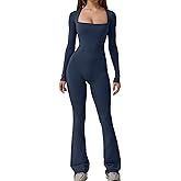 QINSEN Jumpsuits for Women Square Neck Wide Leg Full Length Romper Playsuit