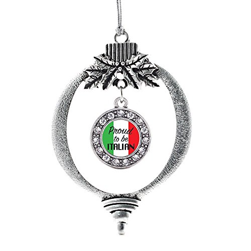 Inspired Silver - Proud to be Italian Charm Ornament - Silver Circle Charm Holiday Ornaments with Cubic Zirconia Jewelry
