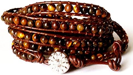 Crafty by KK | Genuine leather bracelet four wraps eye tiger color 4MM beads