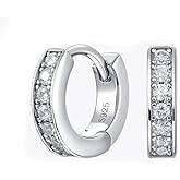 One Row Channel Set Iced Cz Small Huggie Loop Thin Hoop Earrings for Women Men Trendy 14K White Gold 925 Sterling Silver Post Cartilage Unisex Cubic Zirconia Hoops