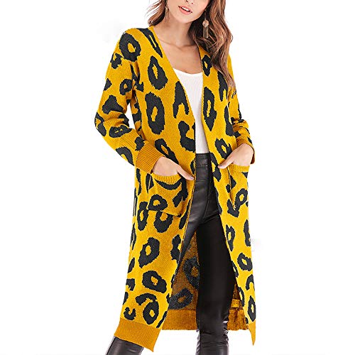 MOLFROA Womens Leopard Printed Long Sleeve Open Front Knit Pocket Long Sweater Cardigans (L,Yellow)