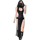 Women High Split Hooded Rave Outfits Goth Devil Cosplay Costume Sheer Transparent Lingerie Dress