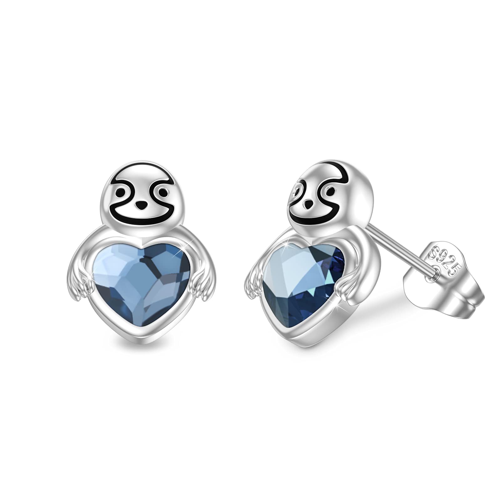 Sloth Earrings Mother's Day 925 Sterling Silver Sloth Stud Hypoallergenic Blue Heart Crystal Earrings Animal Jewellery for Women Girls Birthday Christmas