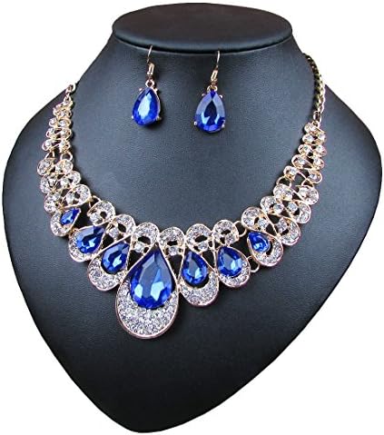 GR Business Crystal Glass Water Droplets Large Stones Necklace and Stud Earrings Set for Women (blue)