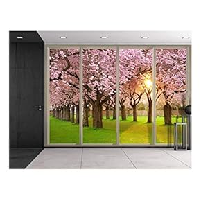 Wall26 - Sun Shining Through Rows of Pink Cherry Blossom Trees Viewed from Sliding Door - Creative Wall Mural, Peel and Stick Wallpaper, Home Decor - 66x96 inches