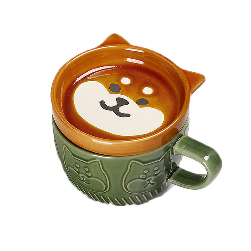 Smallterm Coffee Mug with Lid Ceramic Mugs Japanese Cute Mug Ceramic Shiba Inu Coffee Cup for Home Couple Milk Water Cup(Green)