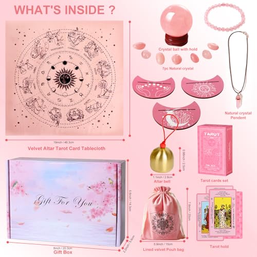 Myripoly Pink Tarot Cards Deck Set for Beginners-Classic Tarot Cards with Meanings on Them-17PC Tarot Witchcraft Kit,-Crystal Ball Divination- Fei Shui Bracelet