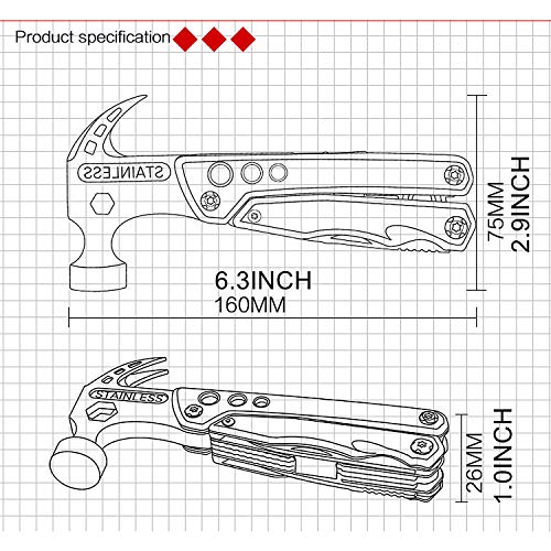 Hyperspace Multifunctional Hammer Multitool Pliers Set with Nail Puller Multipurpose Combination Tool for Camping, Hiking, Household and Emergency Escape Tools (Black & Red) - Thumbnail 5