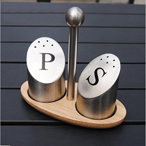 2 Set of Stainless Steel Spice Jar Spice Shaker with Wood Rack, Seasoning Pantry Condiment Storage Container for Salt and Pepper