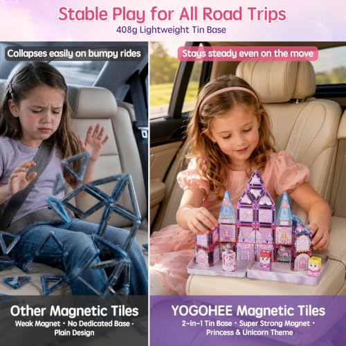 YOGOHEE Magnetic Travel Bricks for Girls: 42 Pieces Princess and Unicorn Tiles in Portable Metal Box as Mobile Building Platform for Car, Plane, Train, Toy