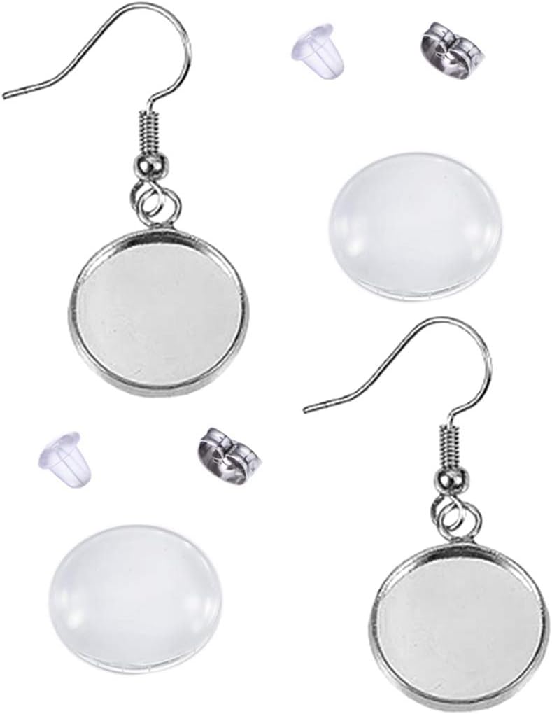 20 Pcs Earring Wire Hooks with 14mm Cabochon Settings,20 Pcs Glass Cabochons,40 Pcs Earring Backs,DIY Jewelry Making (Fit 14 mm Cabochons)