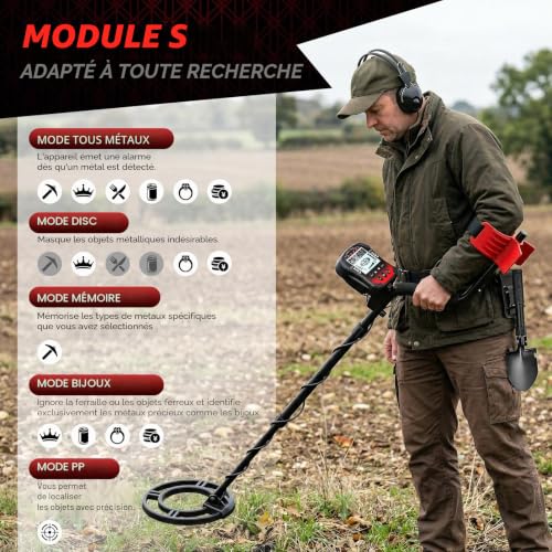 Professional Metal Detector, 5 Detection Modes IP68 Waterproof Search Disc 10 Inches, Adjustable Rod from 42.1 Inches to 52 Inches with Backlit LCD Screen Suitable for Adults and Children - Red