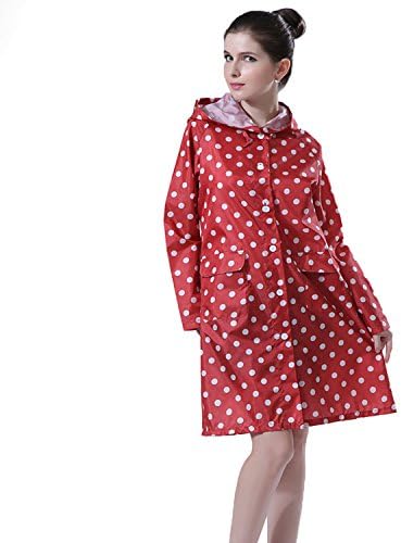 Aeman Women's Raincoat Waterproof Portable Outdoor Dot Long Rain Jacket Poncho with hood and Zip (Red)