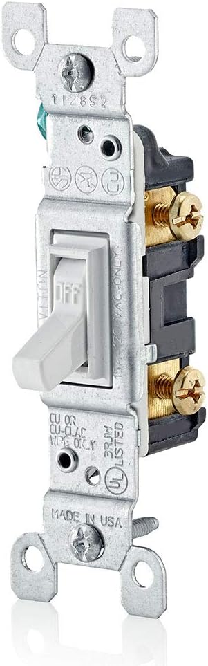 Leviton 1451-2WM 15 Amp, 120 Volt, Toggle Framed Single-Pole Ac Quiet Switch, Residential Grade, Grounding, 10-Pack, White - Wall Light Switches - 