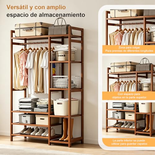 Perchero de Bambú Multiusos con 6 Niveles, Perchero para ropa Resistente con Barra para Colgar y Estantes de Almacenamiento, Adecuado para Dormitorio, Balcón y Lavandería,120 * 30 * 150CM（Marrón）