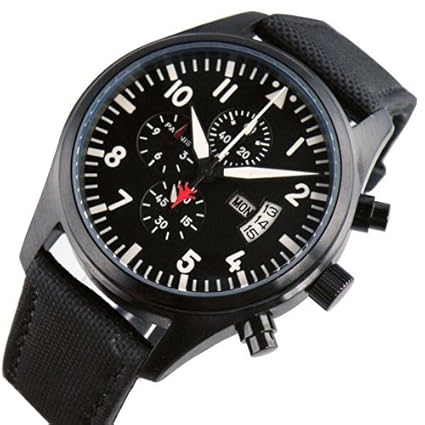 Fanmis Black Dail Pvd Case Date Full Chronograph Run Seconds Black Nylon Strap Mens Quartz Wrist Watch