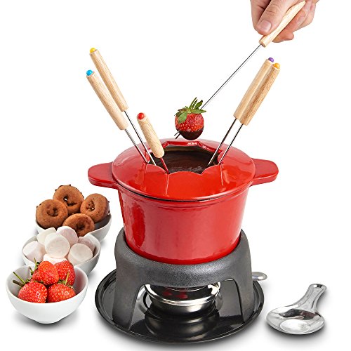 VonShef Fondue Set with 6 Forks Stylish Cast Iron Porcelain Enamel Pot